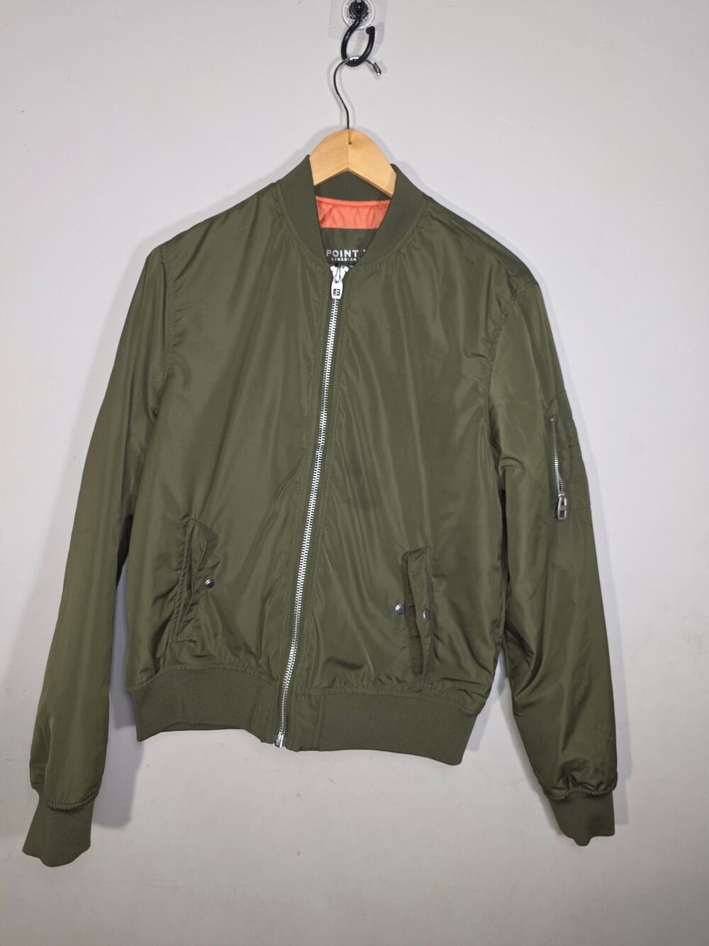 Point Zero Men’s Bomber Jacket Olive Green Size M Orange Lining